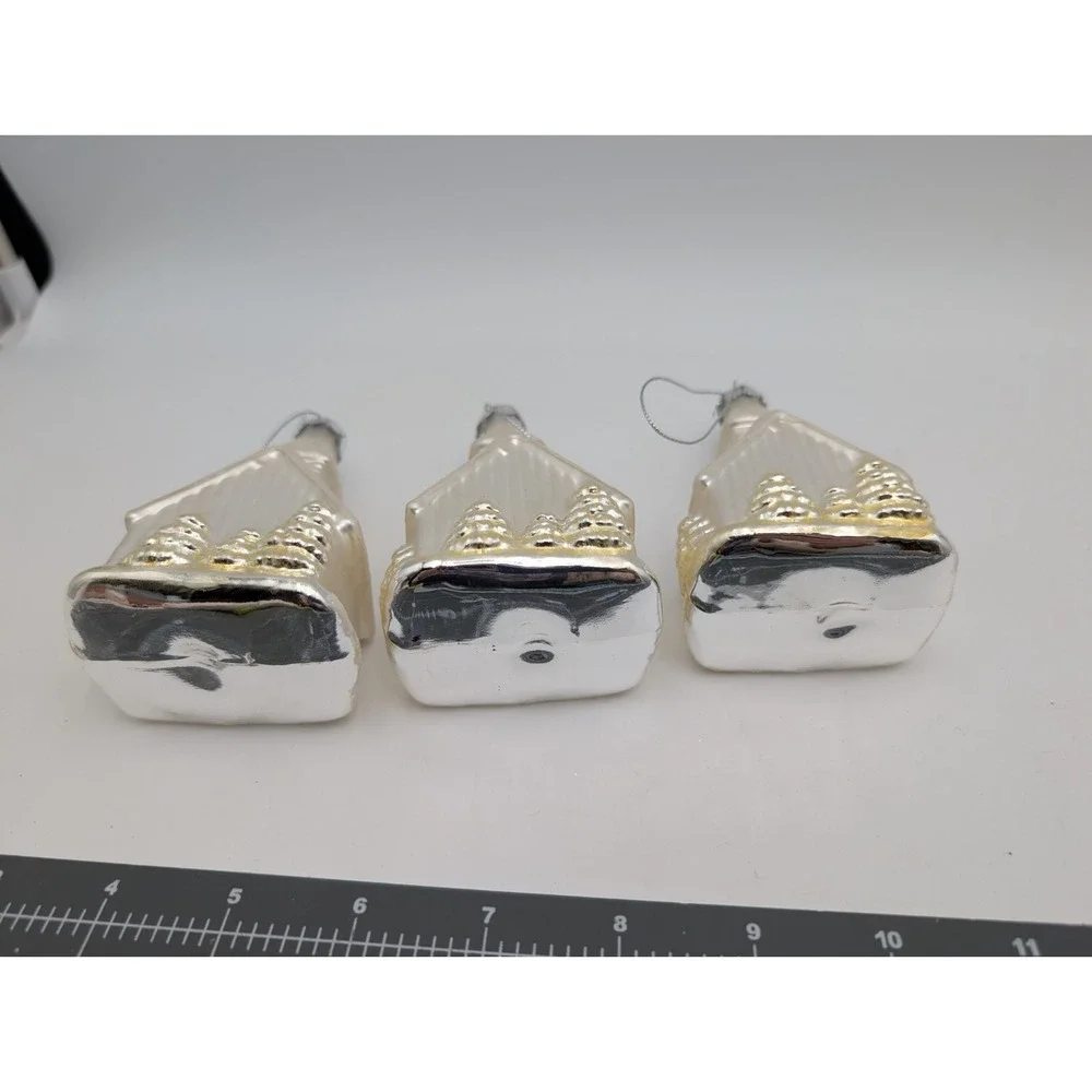 Glass Church Chapel Christmas Ornaments Silver White Lot of 3 4 Inch‎